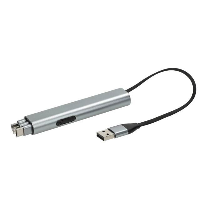 Werbeartikel Ladekabel Connect 4-in-1 – silber – mit Logo bedruckt nachhaltig aus recyceltem Aluminium für den Büroalltag