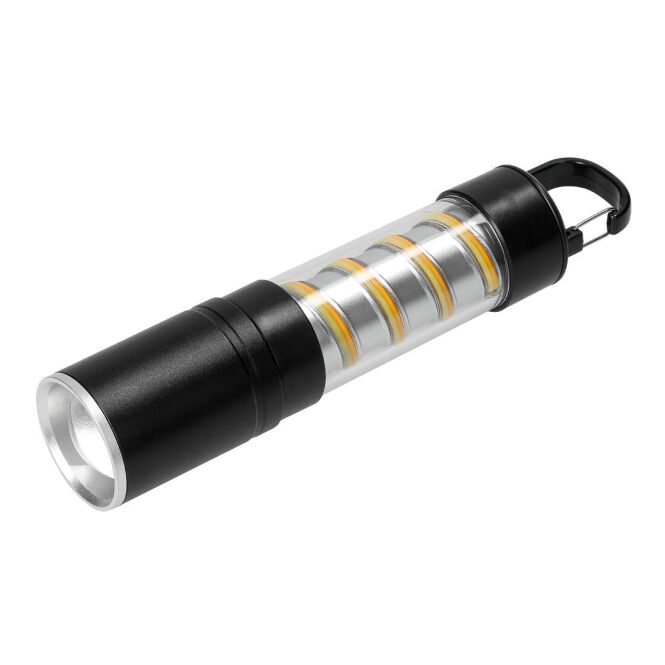 Werbeartikel Taschenlampe Lumi – schwarz – mit Logo bedruckt 160 Lumen 17,5 cm Aluminium helles Handleuchte für Messen