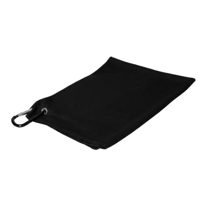Firmengeschenk Golfhandtuch Fairway – schwarz – mit Logo bedruckt nachhaltiges rPET für Outdoor-Events