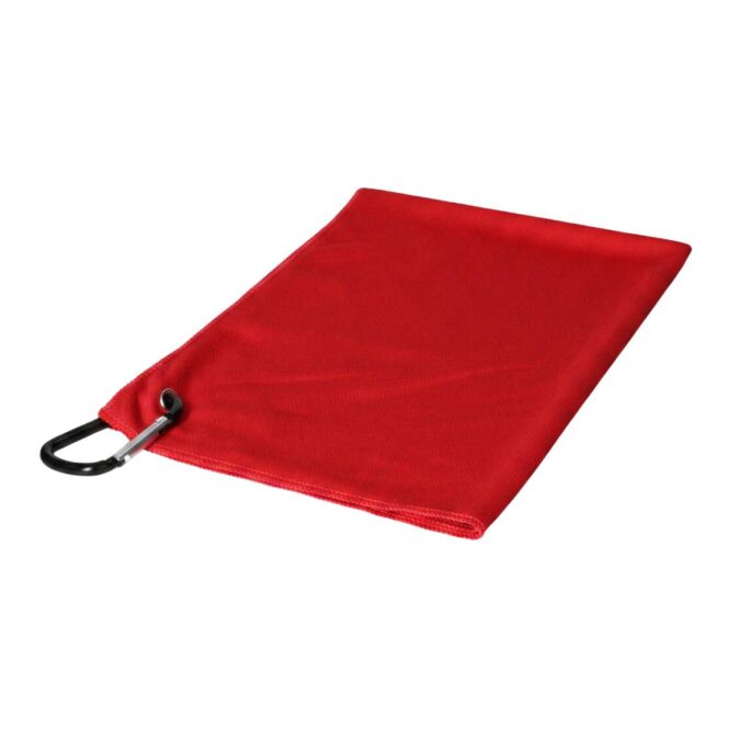 Werbeartikel Golfhandtuch Fairway – rot – mit Logo bedruckt aus nachhaltigem rPET für Outdoor-Events