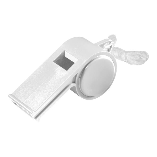 Werbeartikel Trillerpfeife Sport – weiss – mit Logo bedruckt mit 30cm Kordel für Messen & Promotion