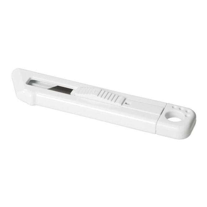 Werbeartikel Cuttermesser Carve – weiss – mit Logo bedruckt, automatischer Klingenrückzug, ideales scharfes Teppichmesser