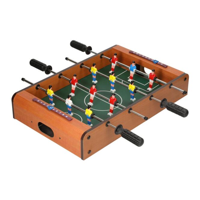Werbeartikel Tischkicker Mini Soccer – braun – mit Logo bedruckt für Firmen-Events mit 6 Spielern und 2 Bällen