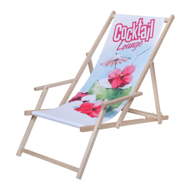 Firmengeschenk Liegestuhl Chillout Deluxe – natur – mit Logo bedruckt für Outdoor-Events aus Buchenholz mit waschbarem Bezug