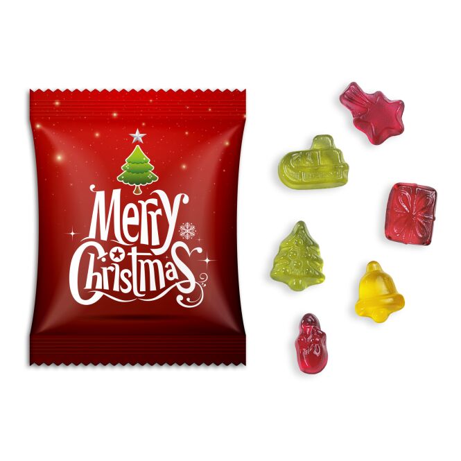 Streuartikel Fruchtgummi im Standardtütchen – süße fruchtgummi-mischung – mit individuellem Etikett 10g für Messen als Giveaways für Kunden