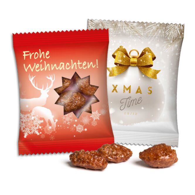 Streuartikel Gebrannte Mandeln im Tütchen – weihnachtlich – inkl. Werbeaufdruck 50g als Weihnachtsgeschenk für Kunden und Partner