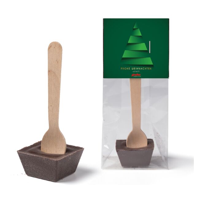 Werbeartikel Trinkschokolade am Holzlöffel – vollmilch oder zartbitter – mit bedrucktem Etikett als Weihnachtsgeschenk für Kunden und Partner