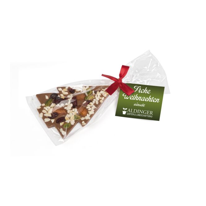Firmengeschenk Schoko Christmas Tree – weihnachtlich – mit bedrucktem Etikett als Weihnachtsgeschenk für Kunden und Partner