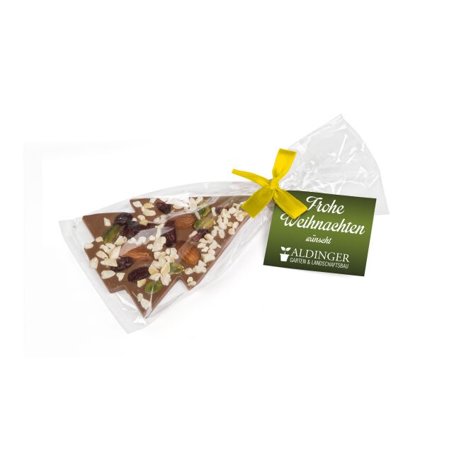 Firmengeschenk Schoko Christmas Tree – gelb – mit individuell bedruckter Werbekarte als Weihnachtsgeschenk für Mitarbeiter und Kunden