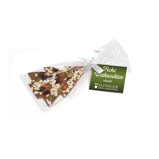 Firmengeschenk Schoko Christmas Tree – weiss – mit bedrucktem Etikett als Weihnachtsgeschenk für Kunden und Partner ideal für Messen