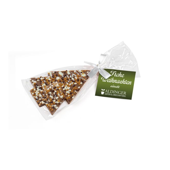 Firmengeschenk Schoko Christmas Tree – weihnachtszeit – mit bedrucktem Etikett als Weihnachtsgeschenk für Kunden und Partner