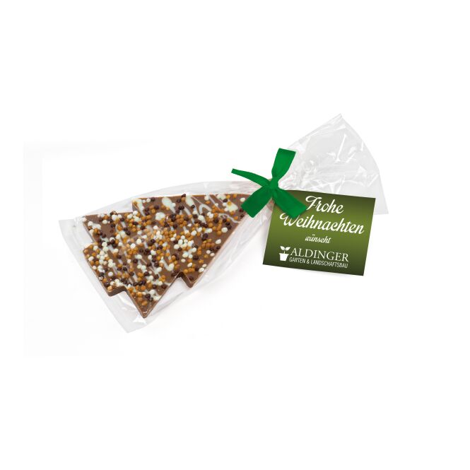 Firmengeschenk Schoko Christmas Tree – weihnachtlich – mit bedrucktem Etikett ca. 50g als Weihnachtsgeschenk für Kunden und Partner