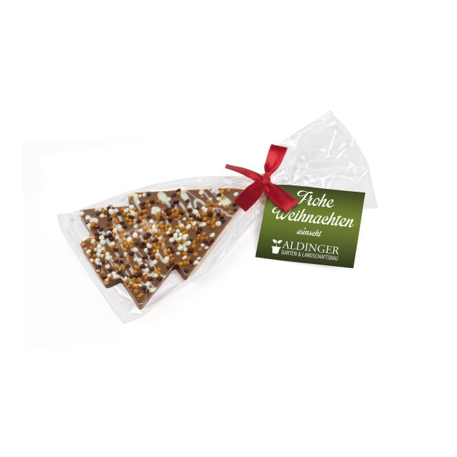 Firmengeschenk Schoko Christmas Tree – rot – inkl. Werbeaufdruck 1 Stück als Weihnachtsgeschenk für Mitarbeiter und Kunden