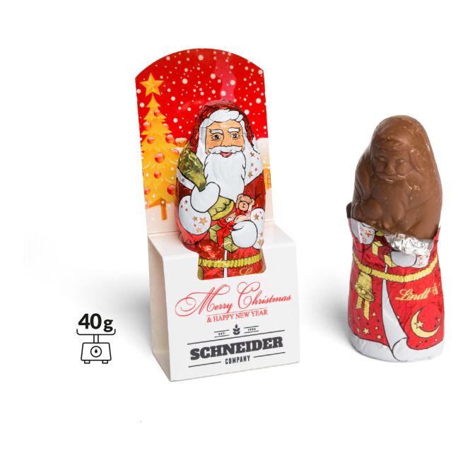 Firmengeschenk Lindt Schoko Nikolaus – alpenvollmilchschokolade – mit bedrucktem Etikett zwei Größen als Weihnachtsgeschenk für Kunden und Partner