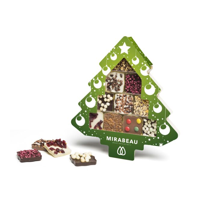 Firmengeschenk Schokini Weihnachtsbaum – weihnachtlich – mit individueller Banderole 11 Schokoladentäfelchen als Weihnachtsgeschenk für Mitarbeiter