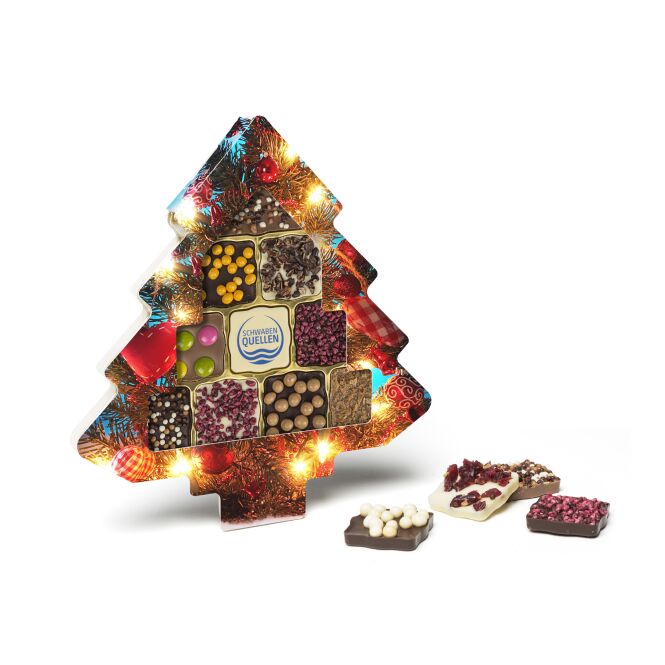 Firmengeschenk Schokini Weihnachtsbaum Standard – weihnachtlich – mit bedrucktem Etikett 11 Täfelchen als Weihnachtsgeschenk für Mitarbeiter