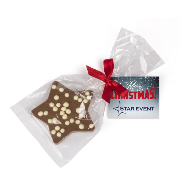 Firmengeschenk Schoko Weihnachtsstern – zartbitter oder vollmilch – mit bedrucktem Etikett als Weihnachtsgeschenk für Kunden und Partner