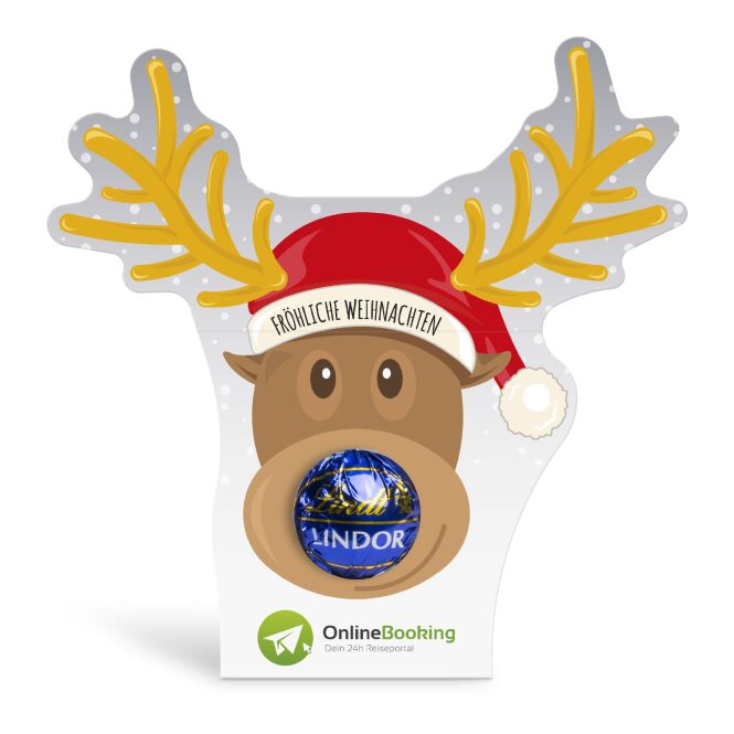 Firmengeschenk Lindt Lindor Kugel Rentier – rentier – mit bedrucktem Etikett ca. 12g als Weihnachtsgeschenk für Kunden und Geschäftspartner