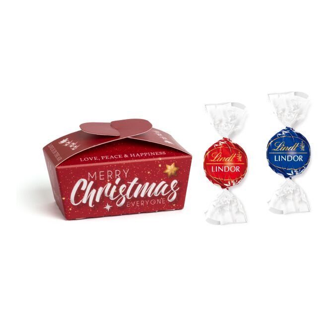Firmengeschenk Lindt Lindor Ballotin – x-mas – mit bedrucktem Etikett 2 Kugeln als Weihnachtsgeschenk für Kunden und Partner