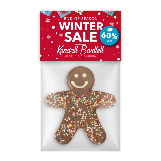 Firmengeschenk Schokoladen Männchen Vollmilch – weihnachtlich – mit bedrucktem Etikett 1 Stück als Weihnachtsgeschenk für Kunden und Partner