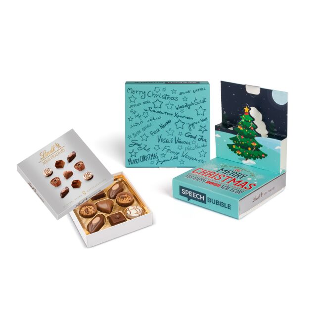 Firmengeschenk Lindt Mini Pralinés Christmas Pop-Up – weihnachtlich – mit bedrucktem Etikett 9 Stück als Weihnachtsgeschenk für Kunden und Partner