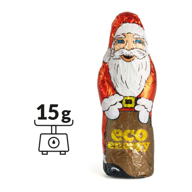 Firmengeschenk Schoko-Weihnachtsmann – weihnachten – mit individuell bedrucktem Etikett 15 g als Weihnachtsgeschenk für Kunden und Partner
