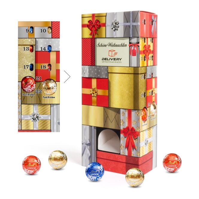 Geschäftspartner-Präsent Lindt Lindor Adventsspender Turm – weihnachten – mit individueller Banderole als Weihnachtsgeschenk für Kunden und Partner