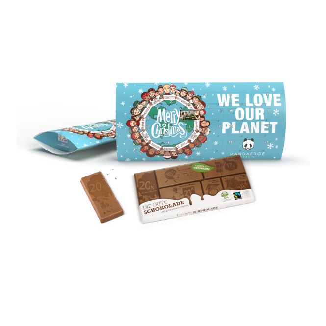 Firmengeschenk Der Gute Kalender Schweizer Vollmilch Schokolade – weihnachtlich – inkl. Werbeaufdruck als Weihnachtsgeschenk für Kunden