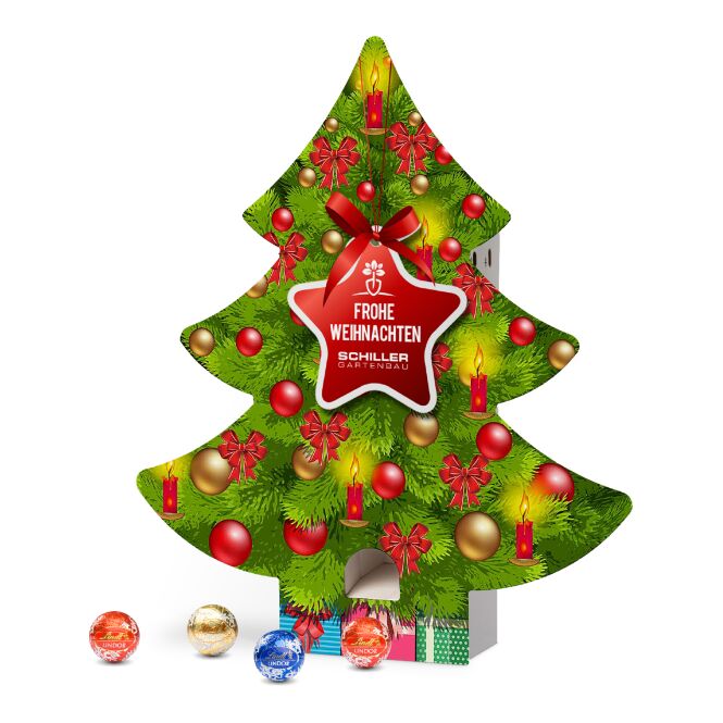Firmengeschenk Lindt Lindor Adventsspender Baum – weihnachten – mit individueller Banderole 24 Kugeln als Weihnachtsgeschenk für Mitarbeiter