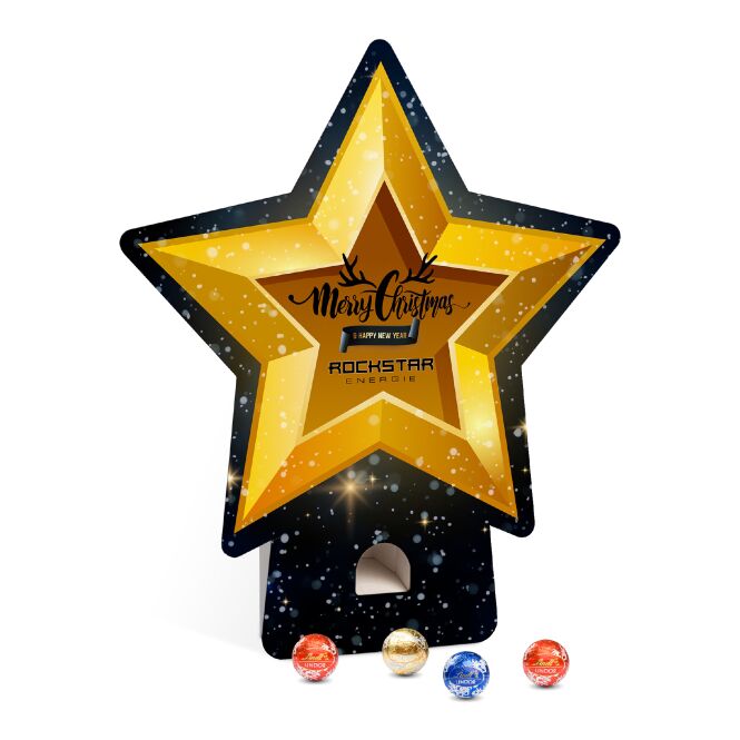 Firmengeschenk Lindt Lindor Adventsspender Stern – mit verschiedenen schokoladensorten – inkl. Werbeaufdruck als Weihnachtsgeschenk für Mitarbeiter