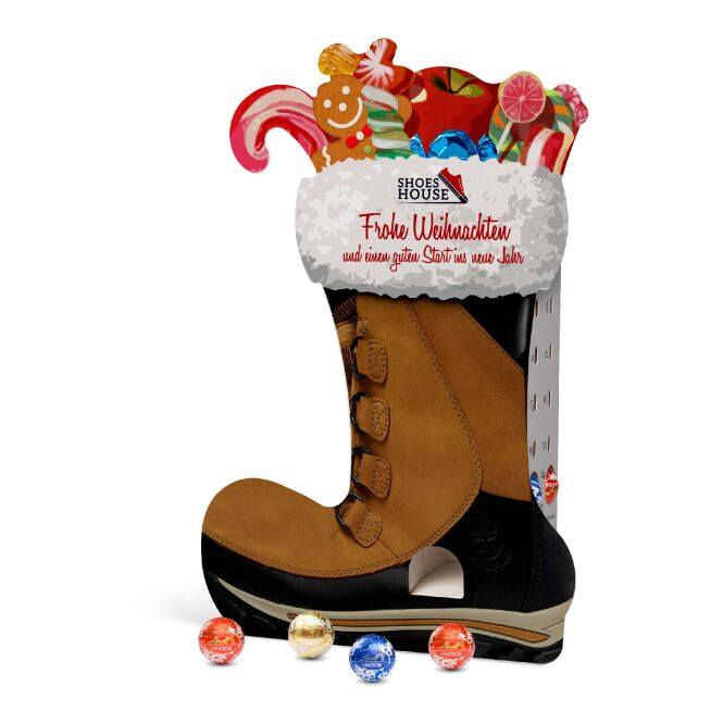 Firmengeschenk Lindt Lindor Adventsspender Stiefel – weihnachten – mit bedrucktem Etikett 24 Kugeln als Weihnachtsgeschenk für Mitarbeiter