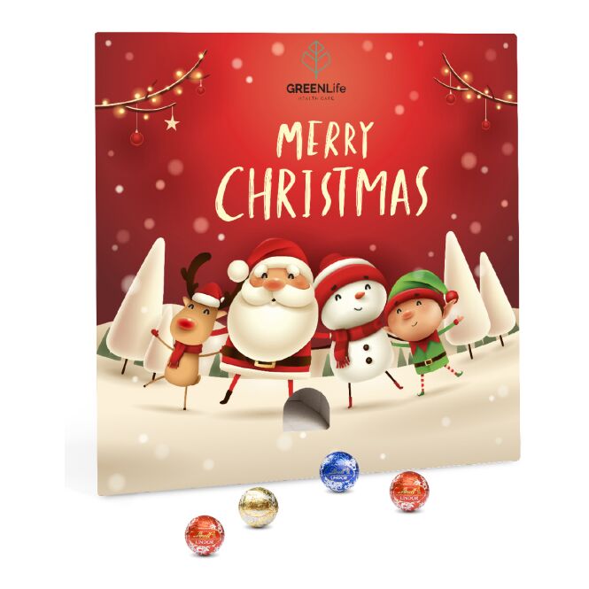 Firmengeschenk Lindt Lindor Adventsspender Quadrat – weihnachtlich – mit bedrucktem Etikett 24 Kugeln als Weihnachtsgeschenk für Kunden und Partner
