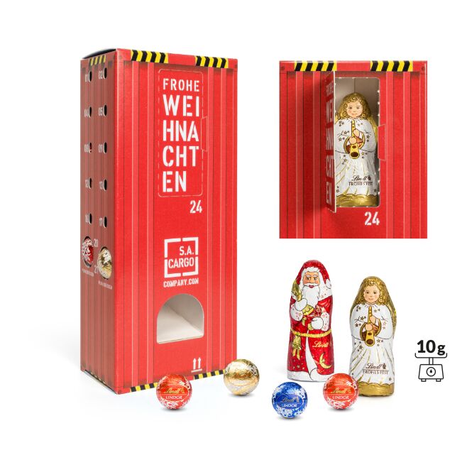 Firmengeschenk Lindt Lindor Adventsspender Turm – weihnachten – mit bedrucktem Etikett 23 Kugeln als Weihnachtsgeschenk für Kunden und Partner