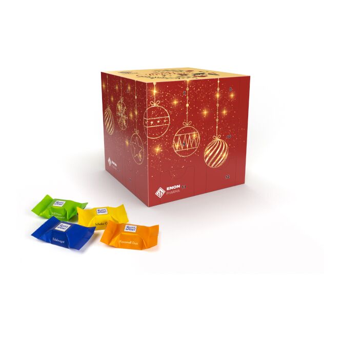 Firmengeschenk Ritter Sport Adventskalender Würfel Eco – weihnachtlich – mit bedrucktem Etikett 24 Stück als Weihnachtsgeschenk für Kunden und Partner
