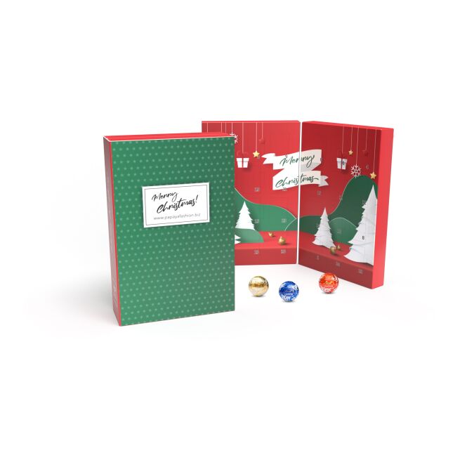 Firmengeschenk Lindt Lindor Adventskalender Buch Eco – weihnachtlich gemischt – mit bedrucktem Etikett 24 Kugeln als Weihnachtsgeschenk für Mitarbeiter