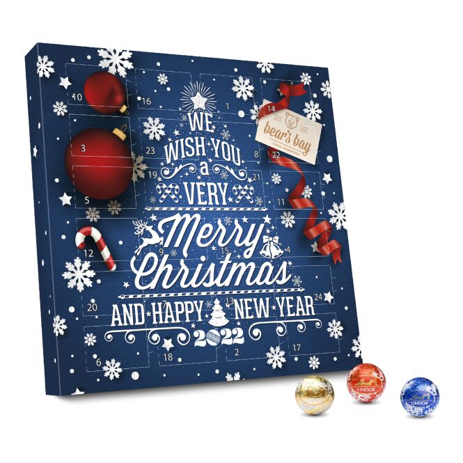 Firmengeschenk Lindt Adventskalender Lindor Eco – weihnachtlich – inkl. Werbeaufdruck Lindor Kugeln als Weihnachtsgeschenk für Mitarbeiter