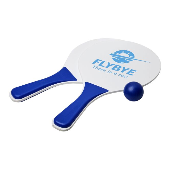 Werbeartikel Bounce Strandspiel-Set – royalblau-weiss – mit Logo bedruckt 48h Express-Druck mit Ball in Netz für Messen & Promotion