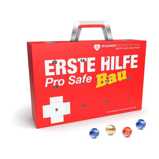 Firmengeschenk Lindt Lindor Adventskalender Koffer Eco – advent – mit bedrucktem Etikett 24 Kugeln als Weihnachtsgeschenk für Kunden und Partner