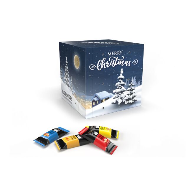 Firmengeschenk Lindt HELLO Mini Adventskalender Würfel Eco – weihnachten – mit bedrucktem Etikett 24 sticks als Weihnachtsgeschenk für Kunden