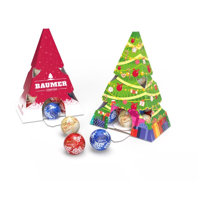 Firmengeschenk Lindt Lindor Tannenbaum – weihnachtsmischung – mit bedrucktem Etikett 15 Lindor Kugeln als Weihnachtsgeschenk für Kunden und Partner