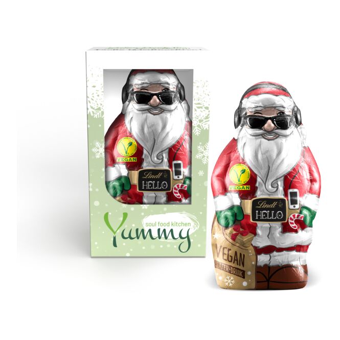 Firmengeschenk Lindt HELLO Santa Vegan – weihnachten – mit bedrucktem Etikett ca. 100g als Weihnachtsgeschenk für Kunden und Partner