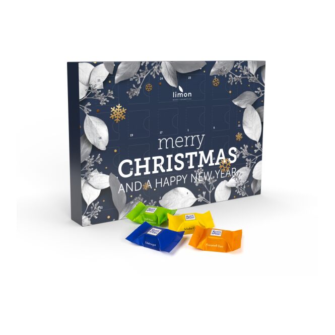 Firmengeschenk Adventskalender Multi – schoko – mit bedrucktem Etikett klimaneutral produziert als Weihnachtsgeschenk für Mitarbeiter