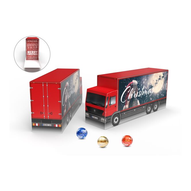Firmengeschenk Lindt Lindor Adventskalender LKW Eco – weihnachtliche schokolade – mit individuell bedrucktem Etikett 24 Kugeln als Weihnachtsgeschenk für Kunden und Partner