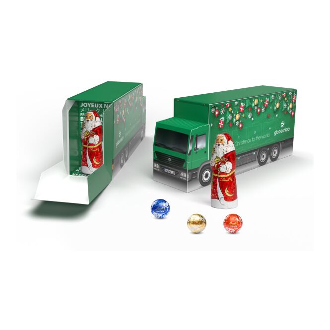Firmengeschenk Lindt Lindor Adventskalender LKW Eco – weihnachtliche schokomischung – mit individueller Banderole 24 Kugeln als Weihnachtsgeschenk für Mitarbeiter