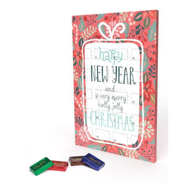 Firmengeschenk Lindt Naps Adventskalender DINA4 – weihnachtlich – mit bedrucktem Etikett 24 Schokotäfelchen als Weihnachtsgeschenk für Kunden