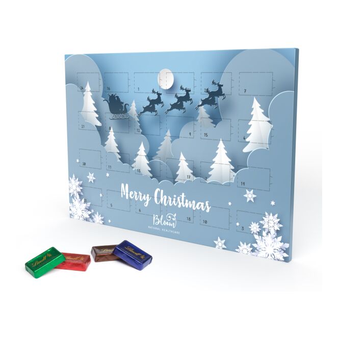 Firmengeschenk Lindt Naps Adventskalender DIN A4 – adventszeit – mit individueller Banderole 24 Täfelchen als Weihnachtsgeschenk für Mitarbeiter