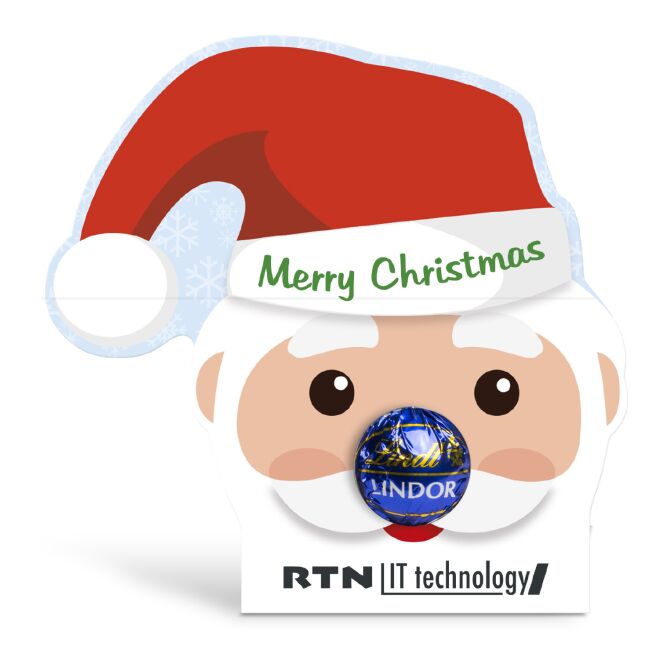 Firmengeschenk Lindt Lindor Kugel Santa Claus – nikolaus – mit individuell bedrucktem Etikett als Weihnachtsgeschenk für Kunden und Partner