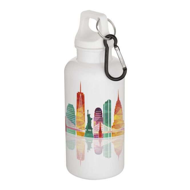 Firmengeschenk Trinkflasche Oregon 400ml – weiss – mit 48h Express-Logodruck aus 100% rPET nachhaltige Mehrwegflasche für CSR-Events