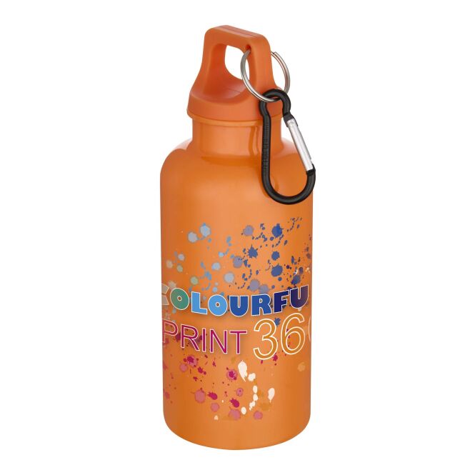 Firmengeschenk Trinkflasche Oregon 400ml – orange – mit 48h Express-Logodruck 100% rPET nachhaltige Mehrwegflasche für CSR-Promotions