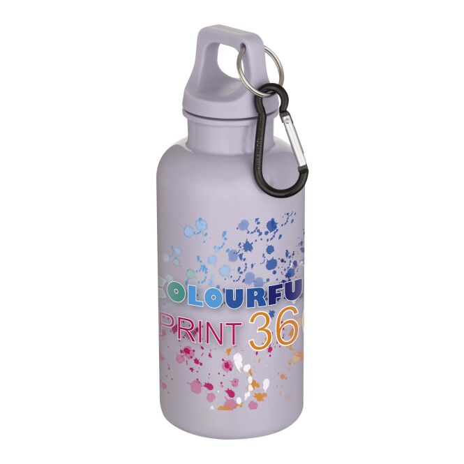 Firmengeschenk Trinkflasche Oregon – fliederfarben – mit 48h Express-Logodruck 400ml aus 100% rPET, nachhaltige Mehrwegflasche
